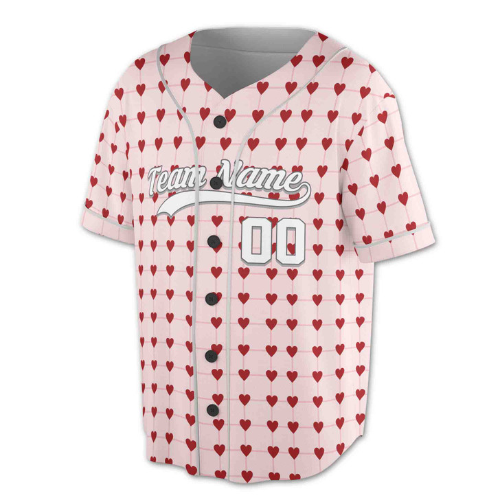 Custom Pink Red Tiny Heart Pattern Baseball Jersey - Personalized Name, Team Name & Number - Adult, Youth, Kid