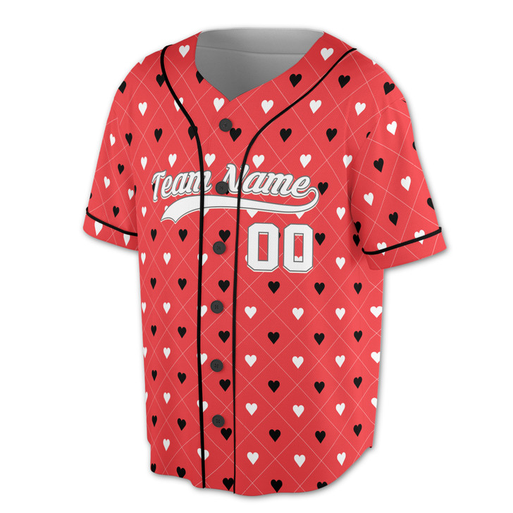 Custom Red Heart Argyle Pattern Baseball Jersey - Personalized Name, Team Name & Number - Adult, Youth, Kid