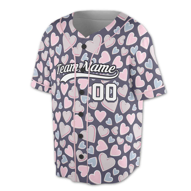 Custom Pastel Heart Pattern Charcoal Baseball Jersey - Personalized Name, Team Name & Number - Adult, Youth, Kid