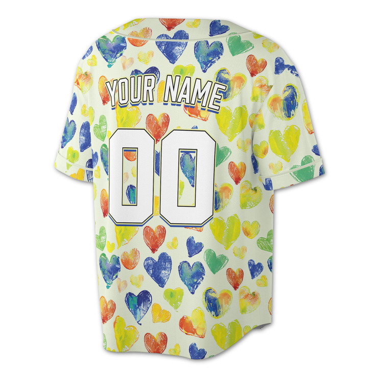 Custom Colorful Artistic Watercolor Heart Pattern Baseball Jersey - Personalized Name, Team Name & Number - Adult, Youth, Kid