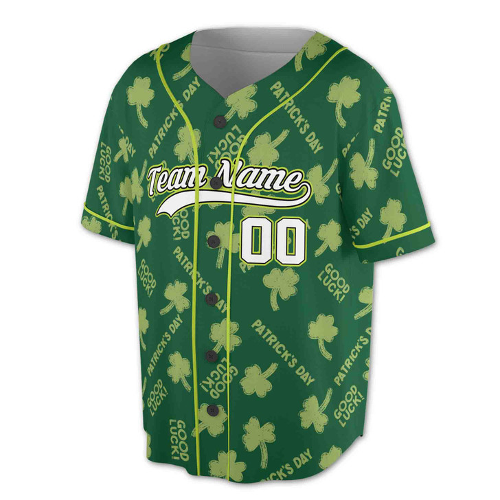 Custom Green St. Patrick's Day Clover Shamrock Baseball Jersey - Personalized Name, Team Name & Number - Adult, Youth, Kid