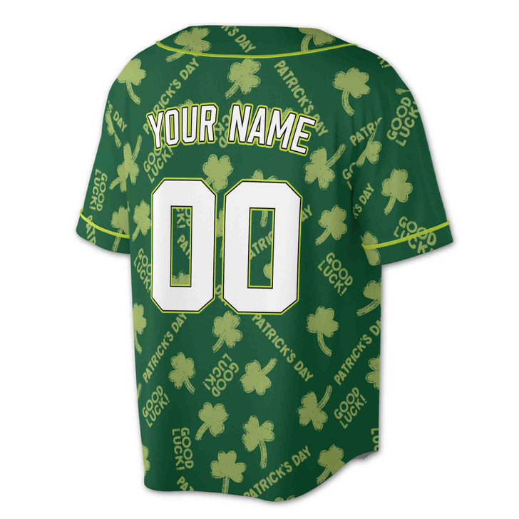 Custom Green St. Patrick's Day Clover Shamrock Baseball Jersey - Personalized Name, Team Name & Number - Adult, Youth, Kid