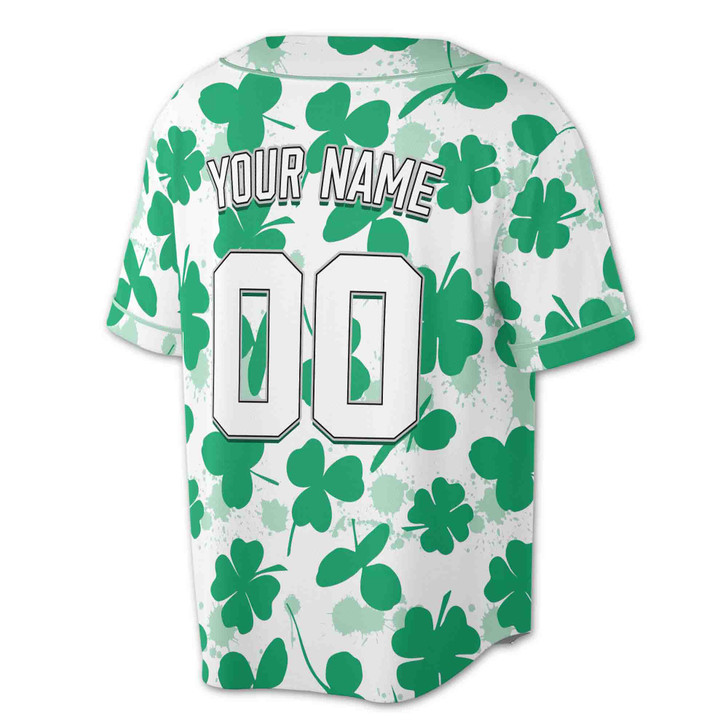 Custom Green St. Patrick's Day Clover Shamrock Patter White Baseball Jersey - Personalized Name, Team Name & Number - Adult, Youth, Kid