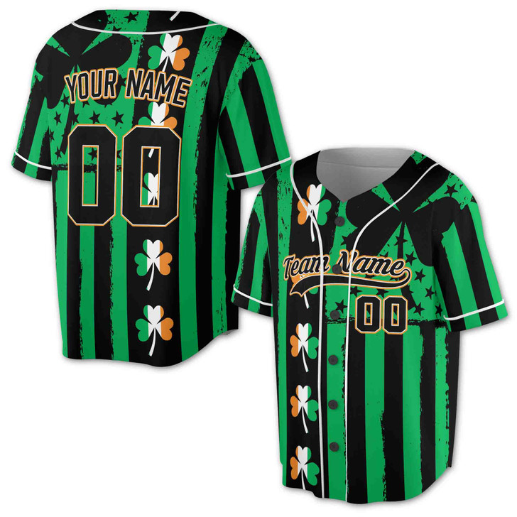 Custom Green Black Distressed Stripe Irish Shamrock Baseball Jersey - Personalized Name, Team Name & Number - Adult, Youth, Kid