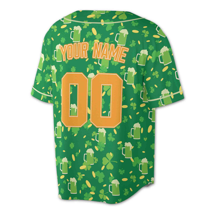 Custom St. Patrick's Day Beer Mug & Gold Coin Clover Baseball Jersey - Personalized Name, Team Name & Number - Adult, Youth, Kid