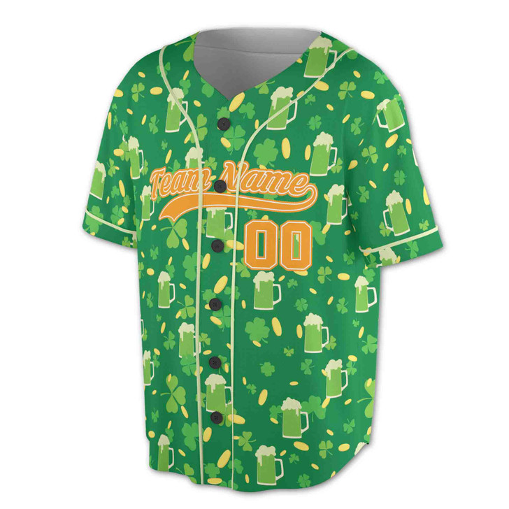 Custom St. Patrick's Day Beer Mug & Gold Coin Clover Baseball Jersey - Personalized Name, Team Name & Number - Adult, Youth, Kid