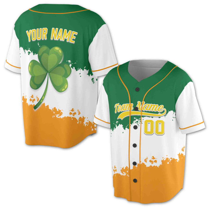 Custom St. Patrick's Day Irish Flag Splash Shamrock Baseball Jersey - Personalized Name, Team Name & Number - Adult, Youth, Kid