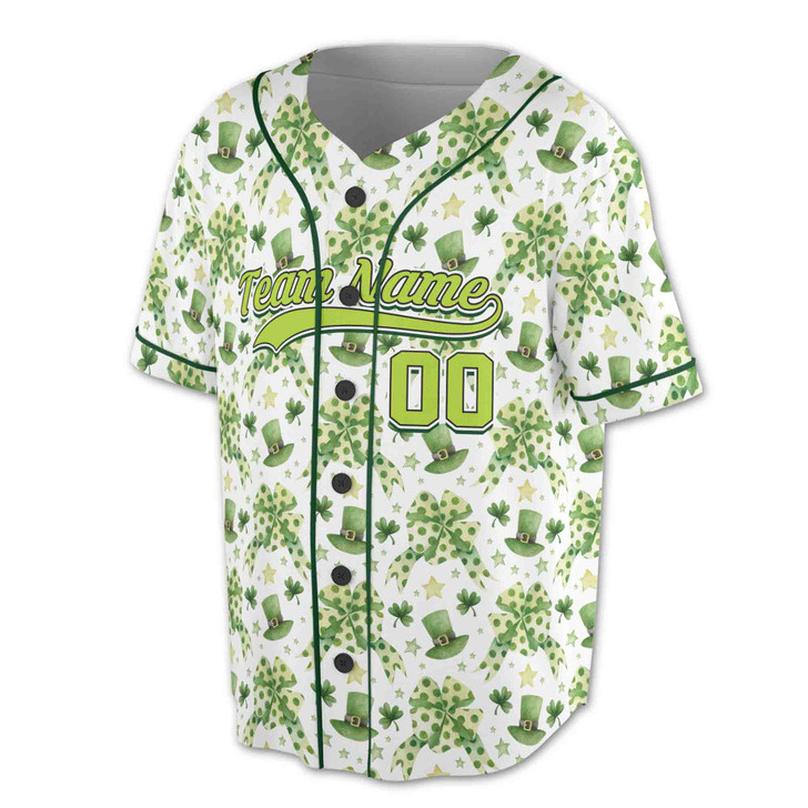 Custom St. Patrick's Day Watercolor Leprechaun Hat & Clover Bow Baseball Jersey - Personalized Name, Team Name & Number - Adult, Youth, Kid