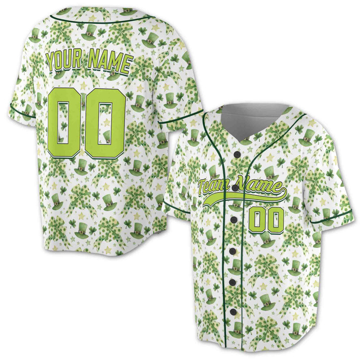 Custom St. Patrick's Day Watercolor Leprechaun Hat & Clover Bow Baseball Jersey - Personalized Name, Team Name & Number - Adult, Youth, Kid