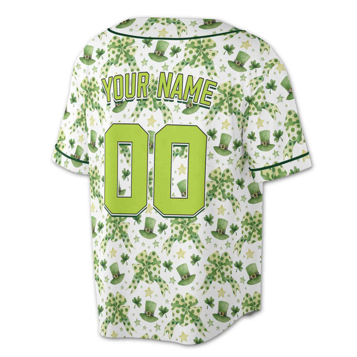 Custom St. Patrick's Day Watercolor Leprechaun Hat & Clover Bow Baseball Jersey - Personalized Name, Team Name & Number - Adult, Youth, Kid