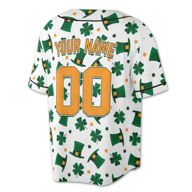 Custom St. Patrick's Day Leprechaun Hat & Lucky Clover Pattern Baseball Jersey - Personalized Name, Team Name & Number - Adult, Youth, Kid