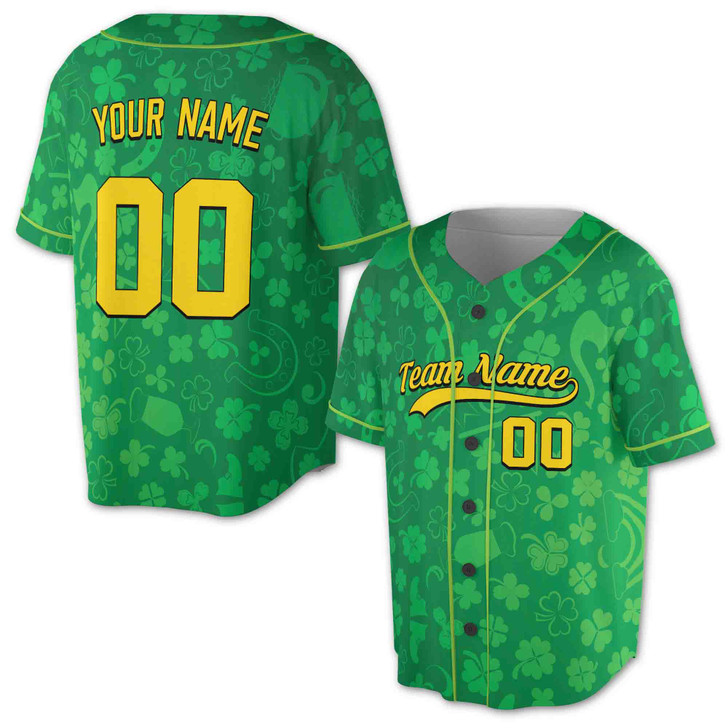Custom St. Patrick's Day Lucky Shamrock Horseshoe Baseball Jersey - Personalized Name, Team Name & Number - Adult, Youth, Kid