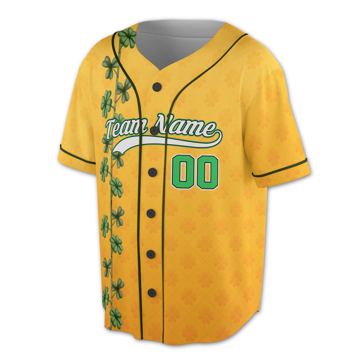 Custom Yellow St. Patrick's Day Vine Clover Baseball Jersey - Personalized Name, Team Name & Number - Adult, Youth, Kid