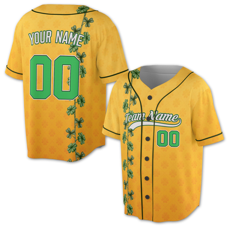Custom Yellow St. Patrick's Day Vine Clover Baseball Jersey - Personalized Name, Team Name & Number - Adult, Youth, Kid