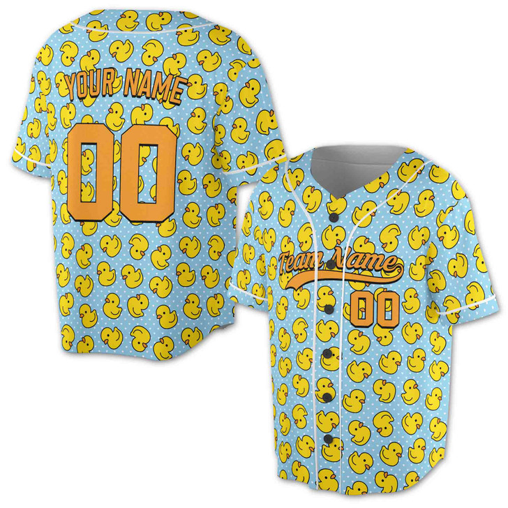 Custom Blue Rubber Duck Pattern Baseball Jersey - Personalized Name, Team Name & Number - Adult, Youth, Kid