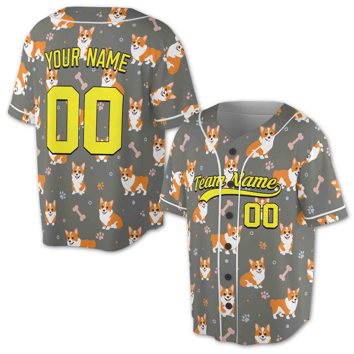 Custom Grey Corgi Dog & Bone Pattern Baseball Jersey - Personalized Name, Team Name & Number - Adult, Youth, Kid