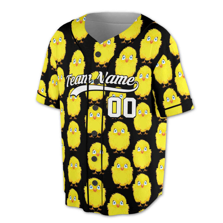 Custom Black Cute Yellow Chick Pattern Baseball Jersey - Personalized Name, Team Name & Number - Adult, Youth, Kid