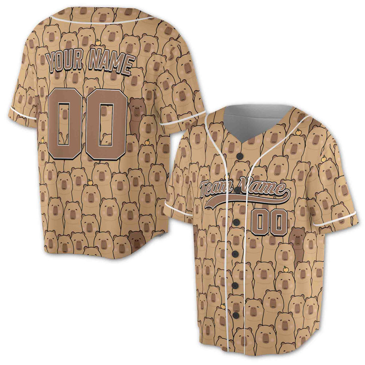 Custom Brown Cute Capybara Pattern Baseball Jersey - Personalized Name, Team Name & Number - Adult, Youth, Kid