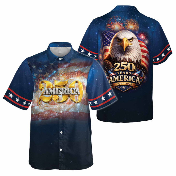 USA 250 Years 1776-2026 Galaxy Eagle Patriotic Button Down Shirt S-5XL