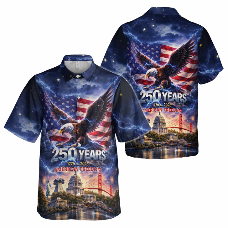 USA 250 Years 1776-2026 Lightning Eagle Landmarks Button Down Shirt S-5XL