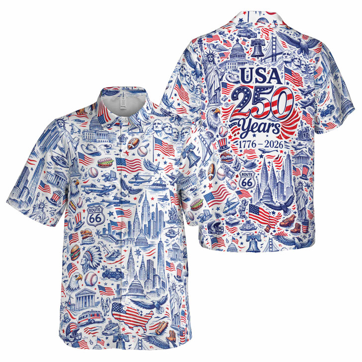 USA 250 Years 1776-2026 Doodle Sketch Patriotic Button Down Shirt S-5XL