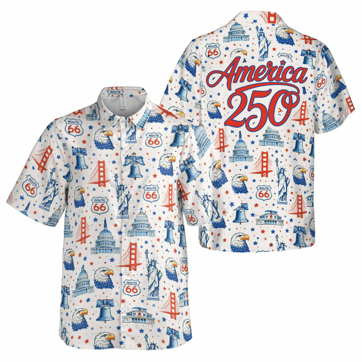 USA 250 Years Route 66 Landmark Icons Pattern Button Down Shirt S-5XL