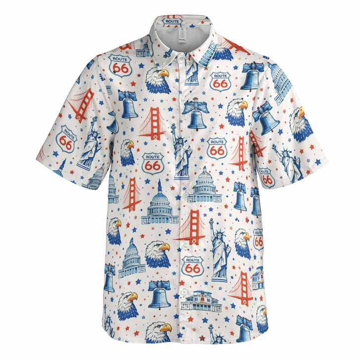 USA 250 Years Route 66 Landmark Icons Pattern Button Down Shirt S-5XL