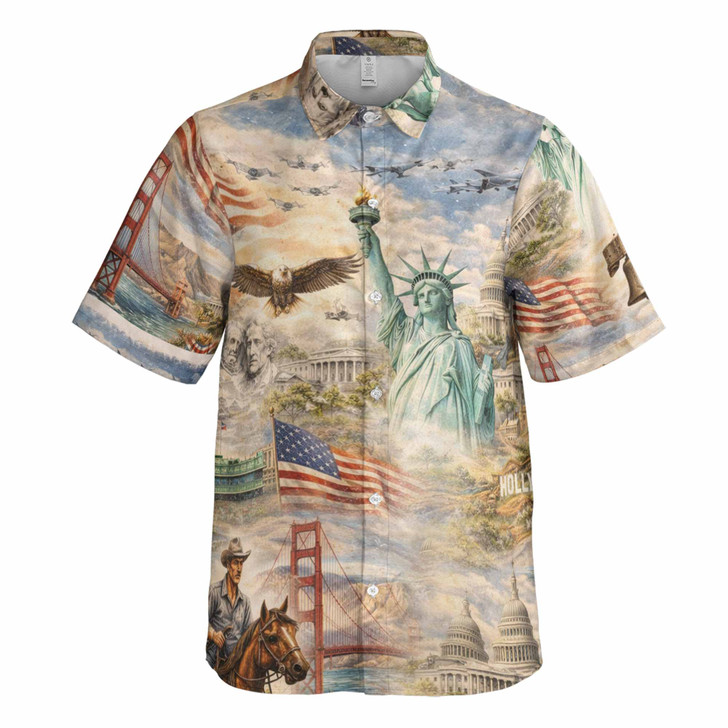 250th Anniversary America Patriotic Hawaiian Shirt, 4th of July USA Landmarks Vintage Men's Button Down Shirt S-5XL