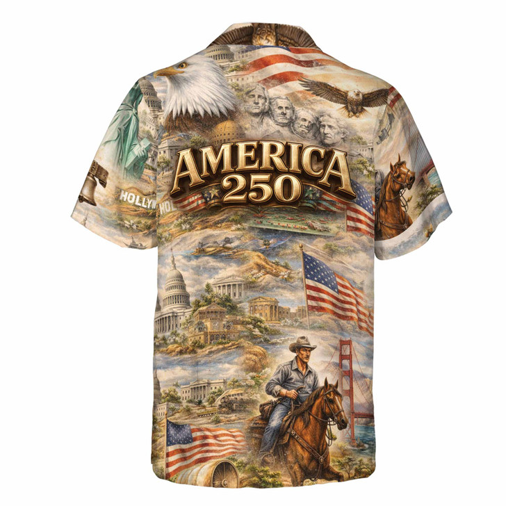 250th Anniversary America Patriotic Hawaiian Shirt, 4th of July USA Landmarks Vintage Men's Button Down Shirt S-5XL