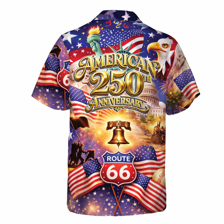 America 250th Route 66 Patriotic Hawaiian Button Down Shirt S-5XL