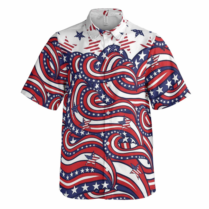 USA Flag Stars Swirl Patriotic Abstract Hawaiian Button Down Shirt S-5XL