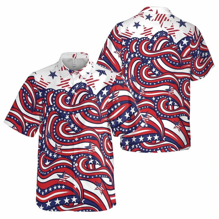 USA Flag Stars Swirl Patriotic Abstract Hawaiian Button Down Shirt S-5XL