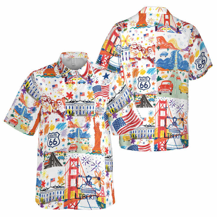 USA Landmark Hawaiian Shirt, Route 66 Liberty Patriotic Print Button Down Shirt S-5XL