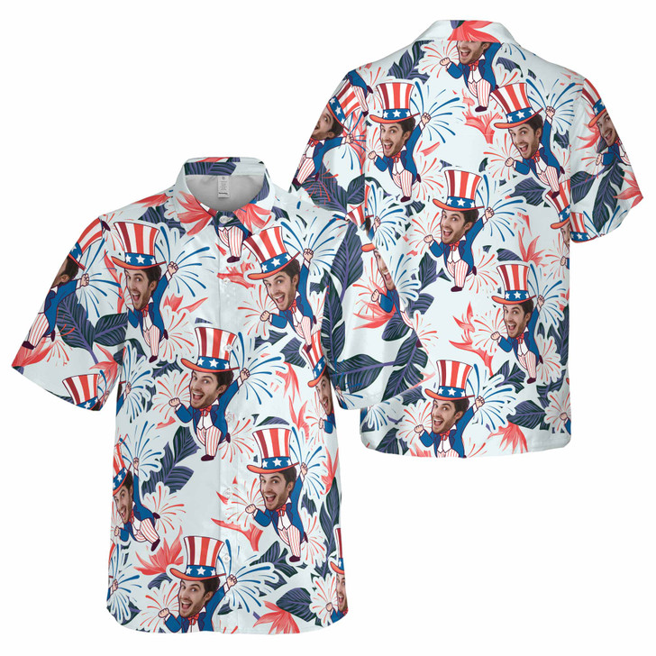 Funny Custom Face Uncle Sam 4th of July Hawaiian Shirt, Personalize Picture Tropical USA Button Down Shirt S-5XL