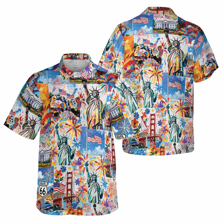USA Landmark Fireworks Hawaiian Shirt, Statue of Liberty Print Button Down Shirt S-5XL