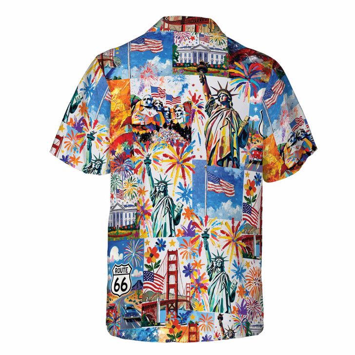 USA Landmark Fireworks Hawaiian Shirt, Statue of Liberty Print Button Down Shirt S-5XL