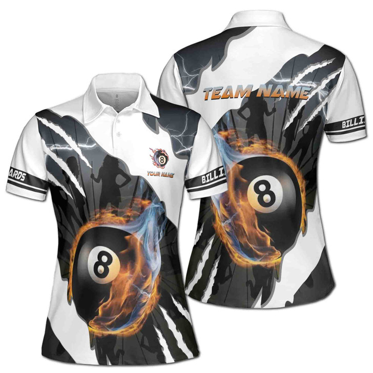 Custom Name & Team Billiards 8 Ball Fire Graphic Jersey Top Women's Polo Shirt S-5XL