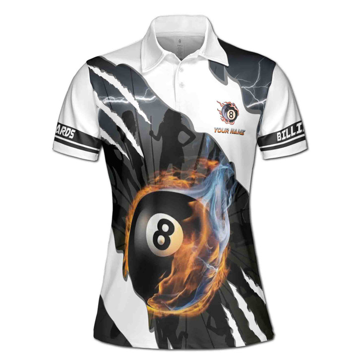 Custom Name & Team Billiards 8 Ball Fire Graphic Jersey Top Women's Polo Shirt S-5XL