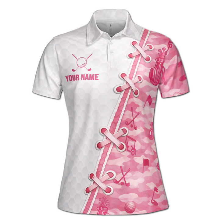 Personalized Pink Camo Golf Ball Club Graphic Custom Name Women's Polo Shirt S-5XL