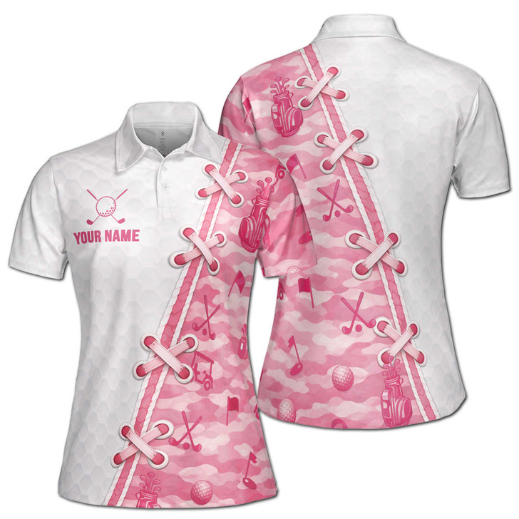 Personalized Pink Camo Golf Ball Club Graphic Custom Name Women's Polo Shirt S-5XL