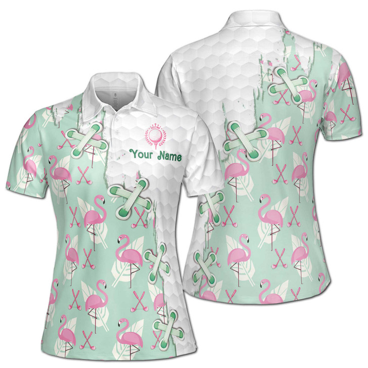 Personalized Flamingo Golf Pink Bird Tropical Floral Print Women's Polo Shirt S-5XL