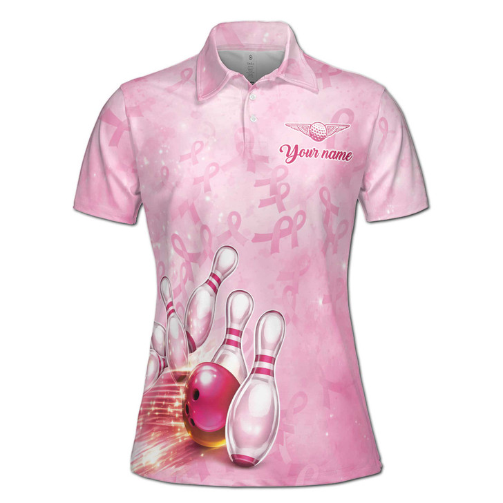 Fight Like A Girl Pink Breast Cancer Bowling Polo Shirt Custom Name Women's Polo Shirt S-5XL