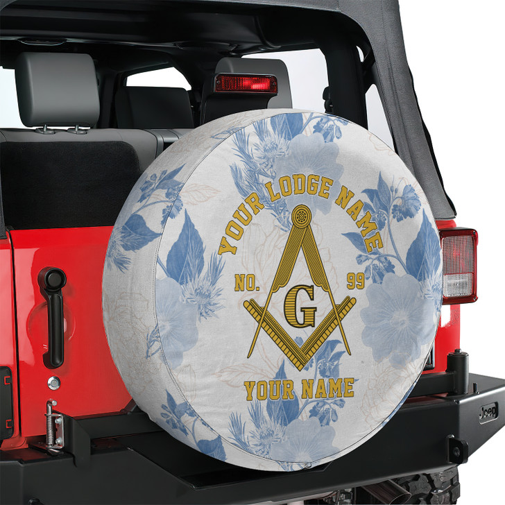 Custom Masonic Symbol Mason Floral Pattern White Yellow Blue Spare Tire Cover