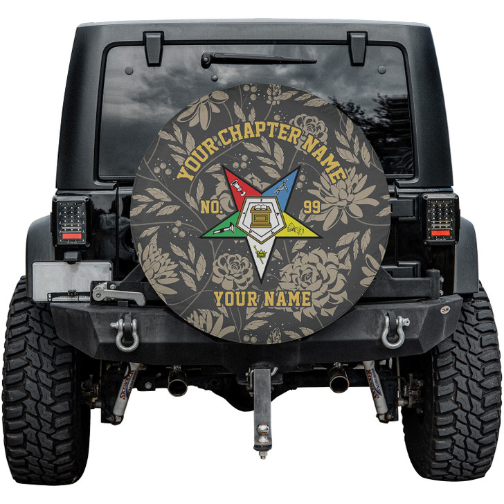 Customized OES Pentagon Down Symbol Masonic Floral Gray Beige Spare Tire Cover