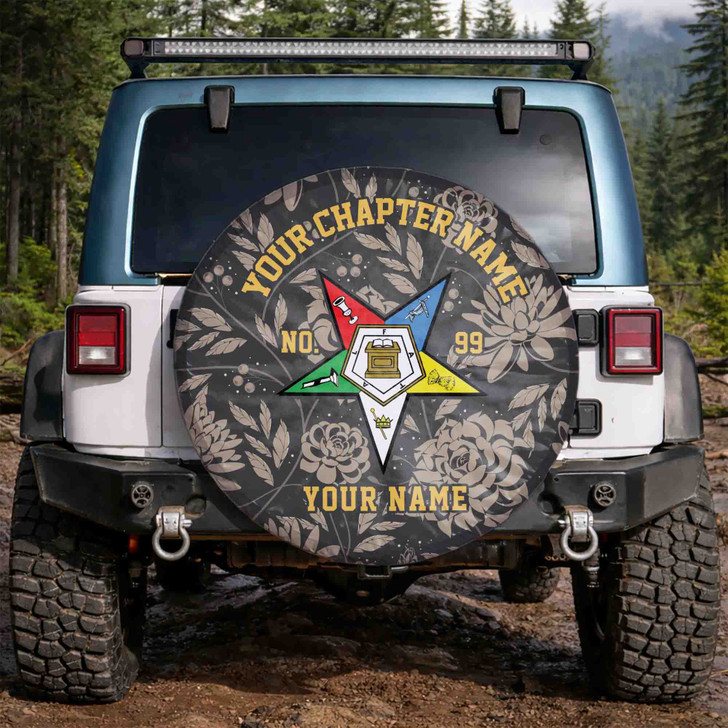 Customized OES Pentagon Down Symbol Masonic Floral Gray Beige Spare Tire Cover