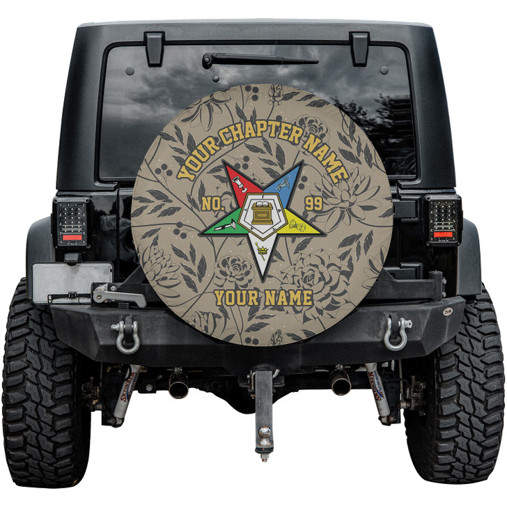 Customized OES Pentagon Down Symbol Masonic Floral Beige Black Spare Tire Cover