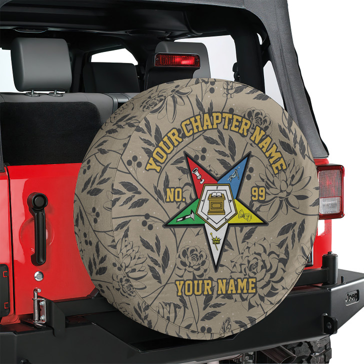 Customized OES Pentagon Down Symbol Masonic Floral Beige Black Spare Tire Cover