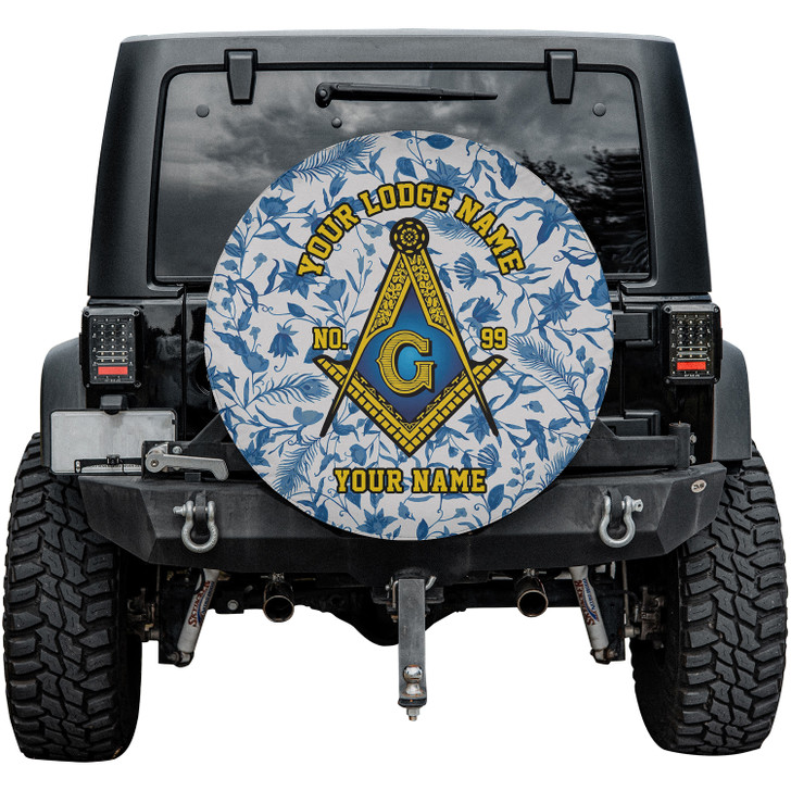 Customized Masonic Symbol Mason Floral Pattern Gray Blue Yellow Spare Tire Cover
