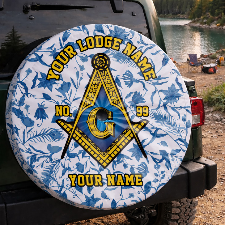 Customized Masonic Symbol Mason Floral Pattern Gray Blue Yellow Spare Tire Cover
