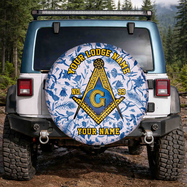 Customized Masonic Symbol Mason Floral Pattern Gray Blue Yellow Spare Tire Cover